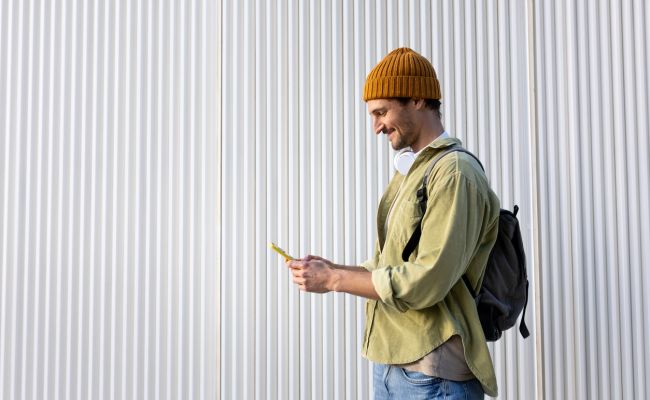 Young man walks and catches up with his finances on his mobile phone.