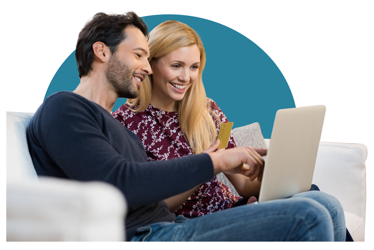 young couple banking on couch