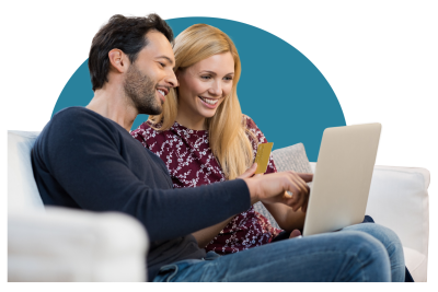 young couple banking on couch