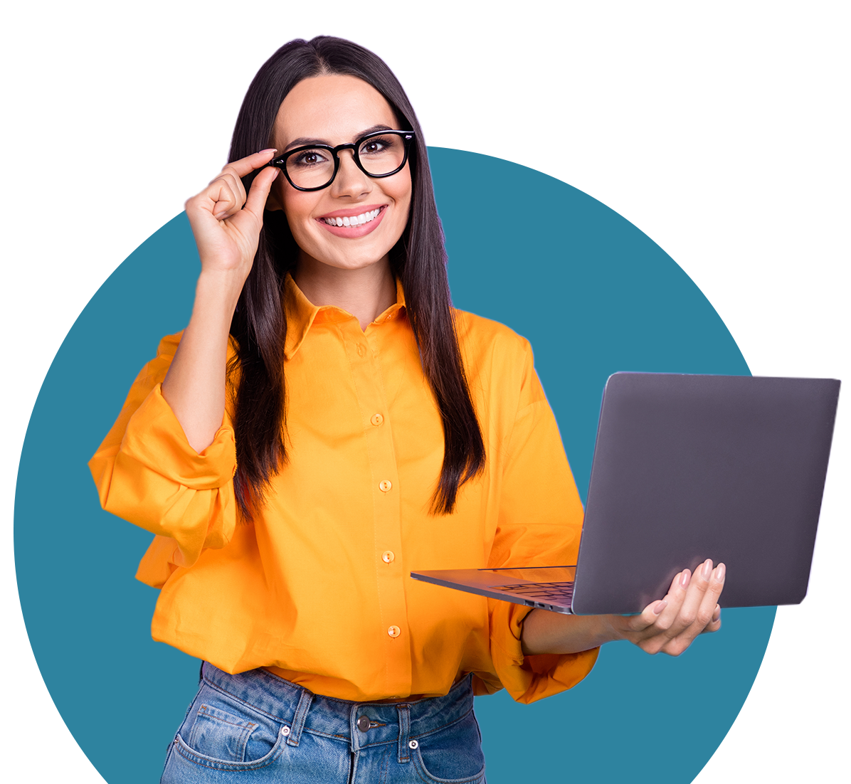 woman in glasses with laptop looking at camera